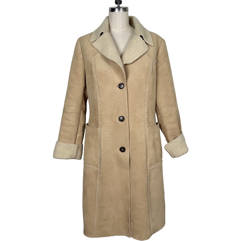 Vintage Faux Shearling Sherpa Lined Coat Womens M Beige Tan Lined Winter Jacket - Picture 3 of 12